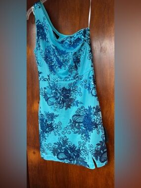 Lulu's Turquoise One-Shoulder Sequin Floral Dress